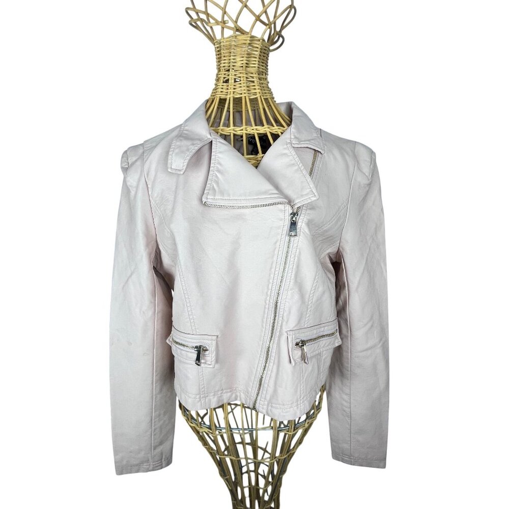 Shinestar Cropped Moto Jacket Faux Leather Beige Blush Zip Shoulder Pads L Y2K - Picture 7 of 16